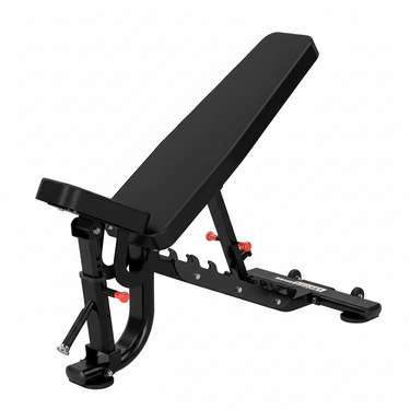 Black adjustable weight bench on a white background